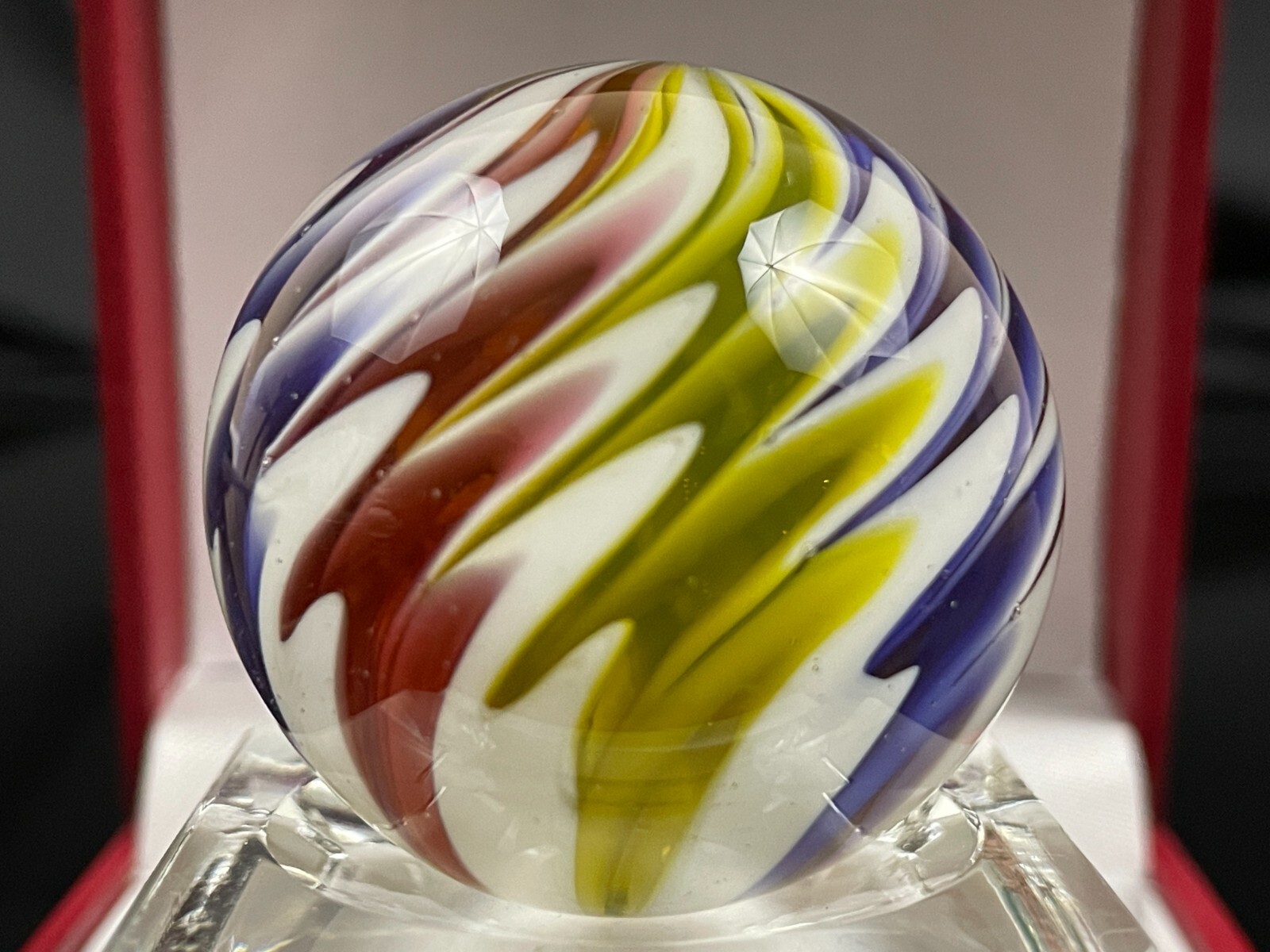 Rick Davis Glass Art Marble 1.46″ Signed Orange White Black Purple Magenta