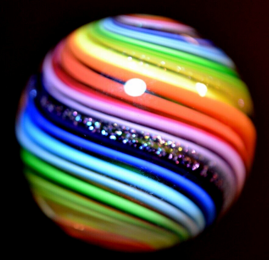 EDDIE SEESE GLASS MARBLE/1.783″-DICHROIC RAINBOW JOSEPH’S COAT-AVOCADO,LILAC,RED