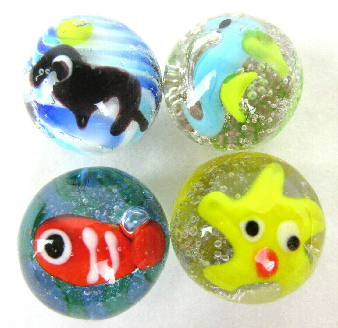 4 UNDER THE SEA Marble Seal, Fish, Starfish, Seahorse 16mm Handmade art glass