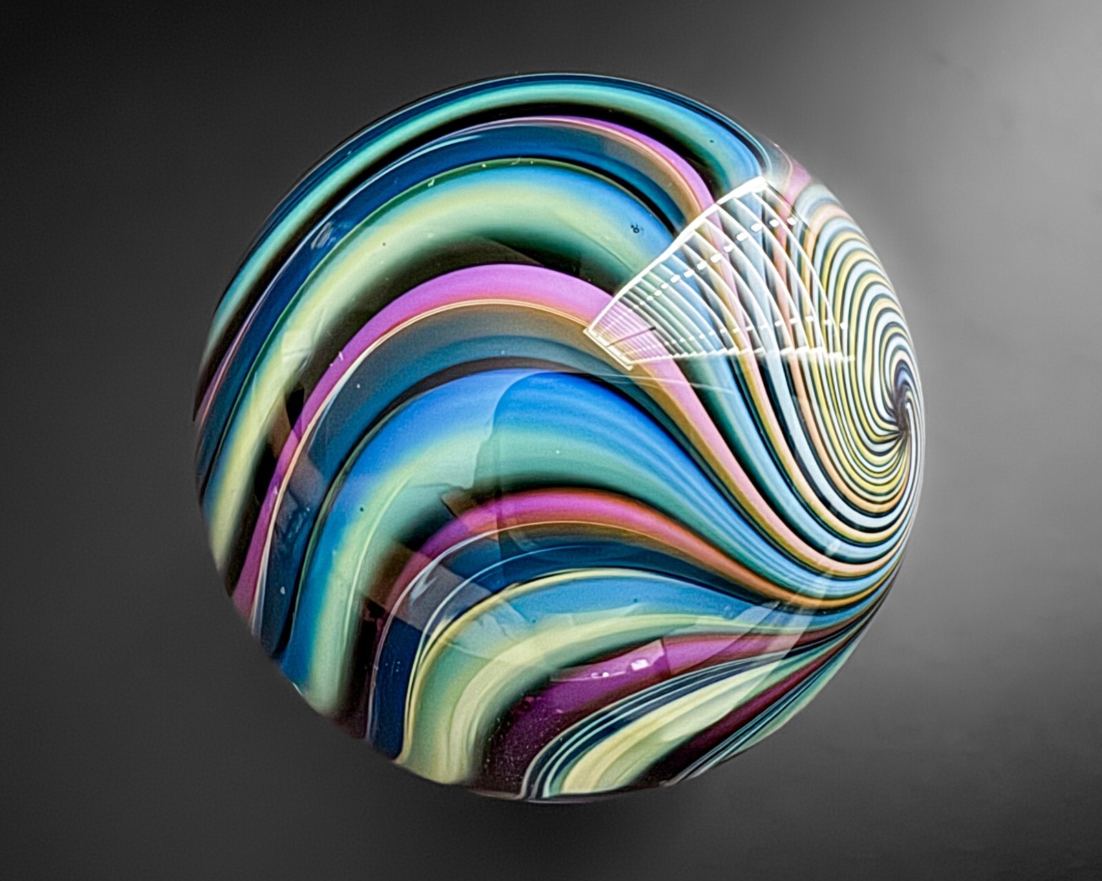 Fritz Lauenstein 1.5″ Green Purple Lampwork Swirl Art Glass Handblown Marble