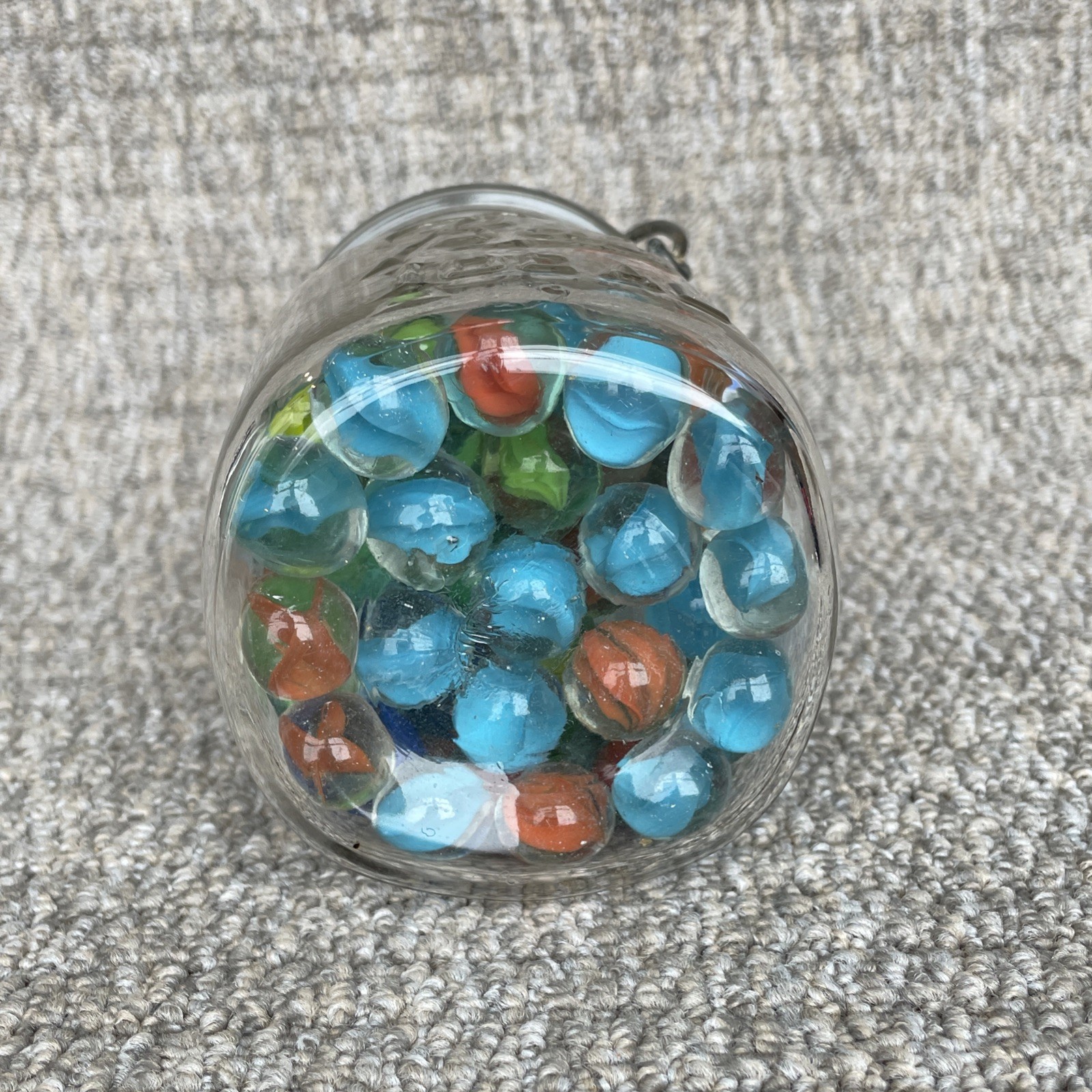 Vintage Glass Ball Ideal Jar Filled With Marbles. Jar Is 5 1/2” Tall.