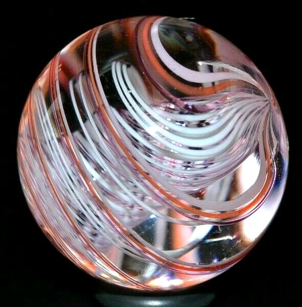 JODY FINE GLASS MARBLE/1.329″-WHITE & TRANS.PINK LATTICINIO TORNADO PEPPERMINT-
