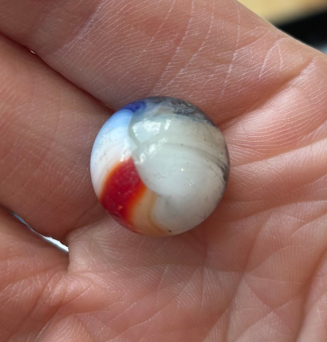 7 VTG Glass Marbles-6 Red White Blue, 1 Red White Green, Approx .57″-.62″ Lot 12