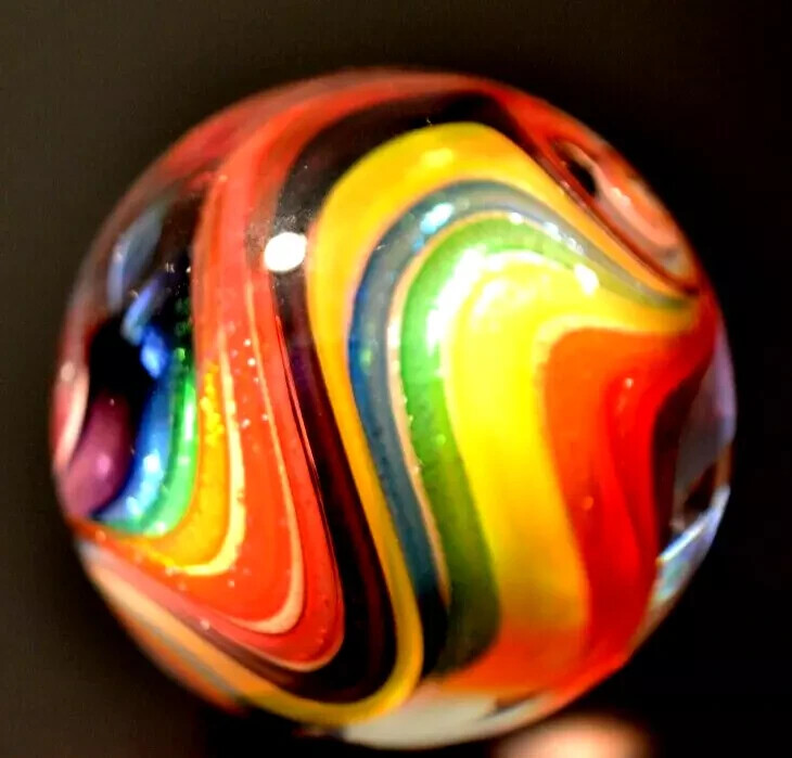 EDDIE SEESE GLASS MARBLE/1.839″-EXOTIC RAINBOW TRANS.DEEP LOBE DRT-WORLDWIDE