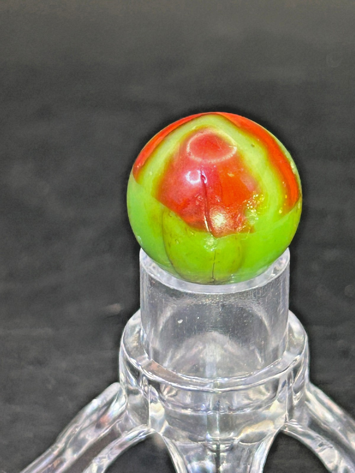 Vintage Peltier NLR Flaming Dragon Marble, Green Base/Red Ribbons, .67″, NM+ #P4