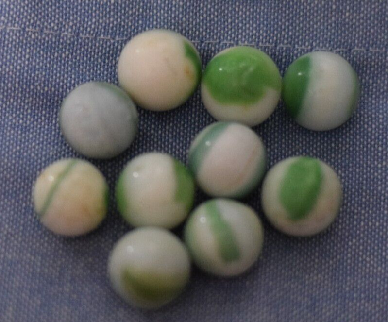Vintage Lot 10 MARBLES 15 mm .6 in. White Green C108
