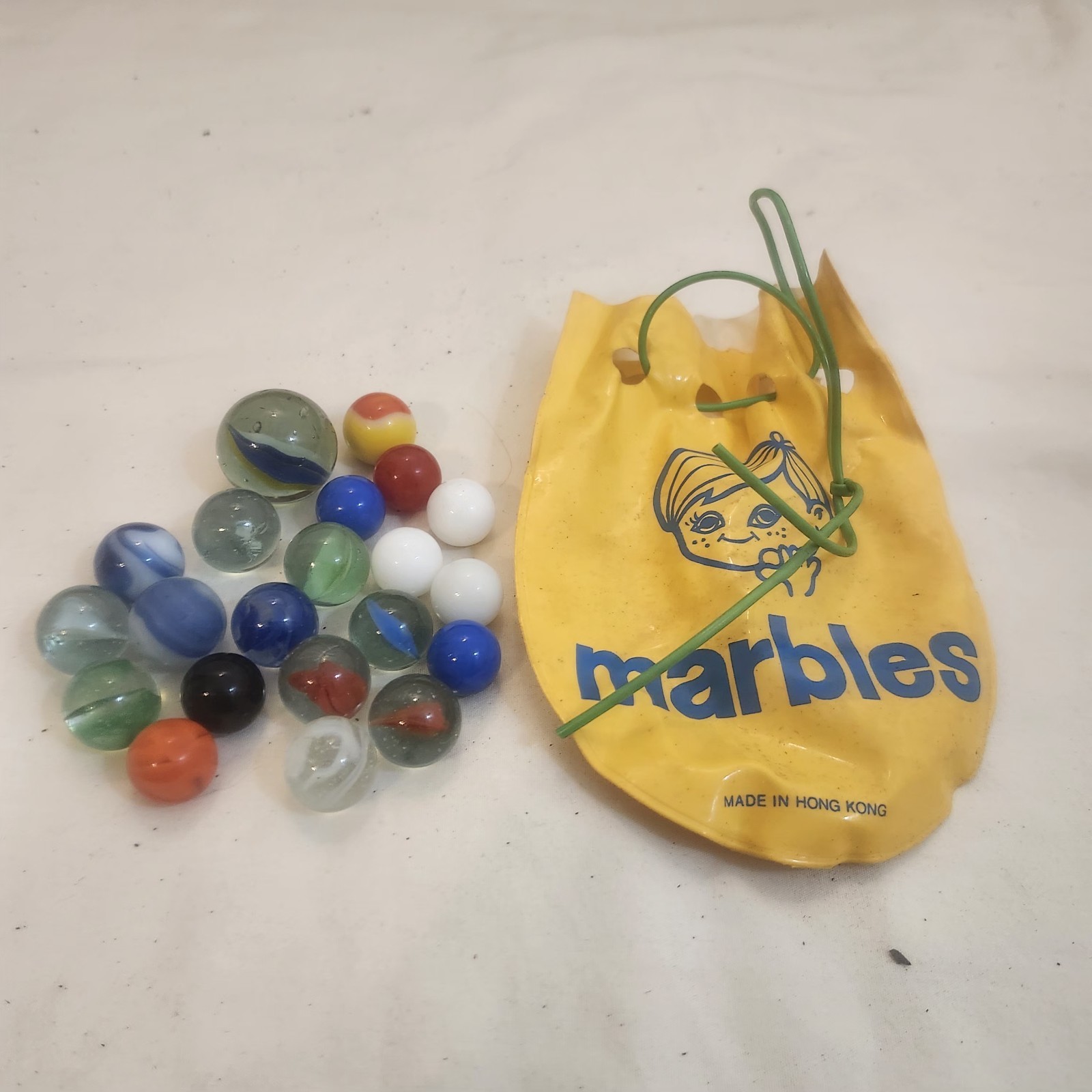 Lot Of 20 Colorful Glass Marbles With Vintage Drawstring Bag