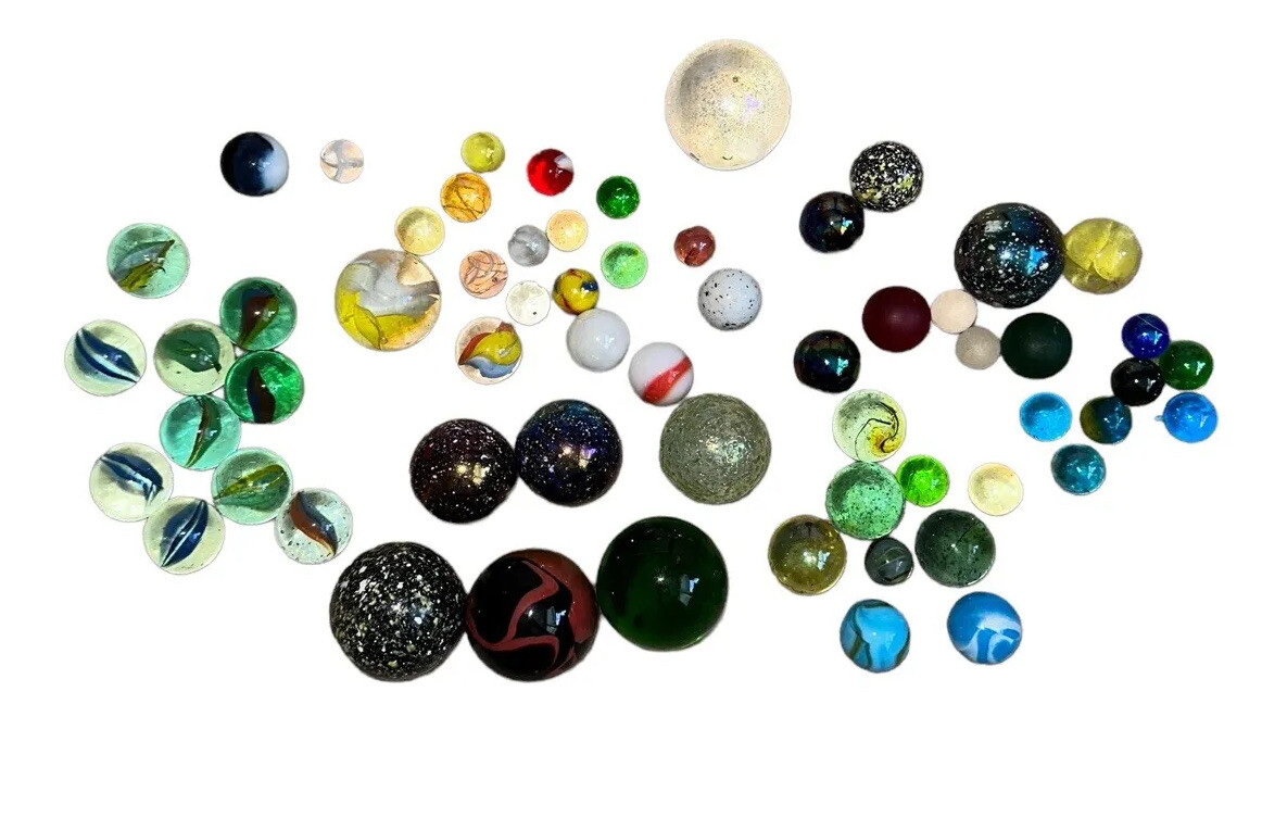 Lot Of 63 Marbles Jupiter Cat’s Eye Frosted Blue Pink Clear Iridescent