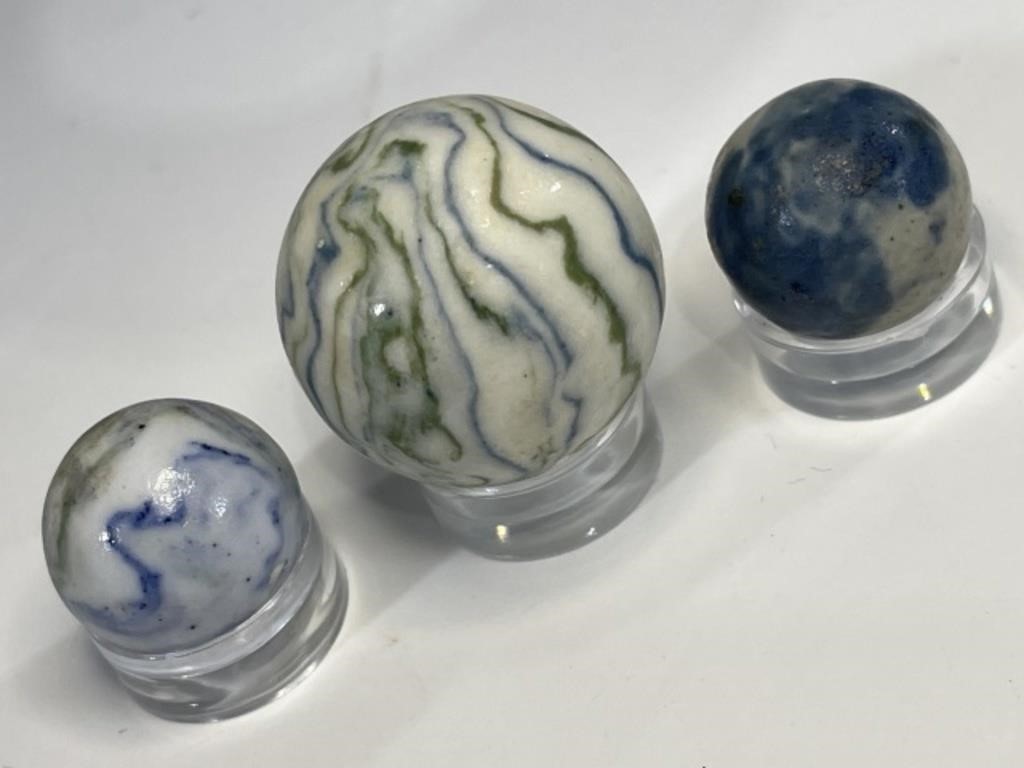 Lot of 3 Vintage Handmade Lined Crockery Marbles. Three sizes Bennington
