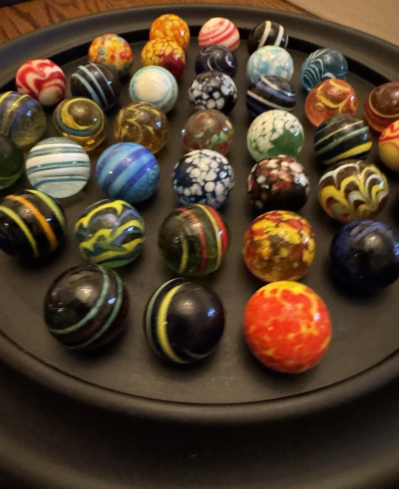Solitaire Di Venezia Hand Blown Glass Marbles 38 w/Black Wood Base Board