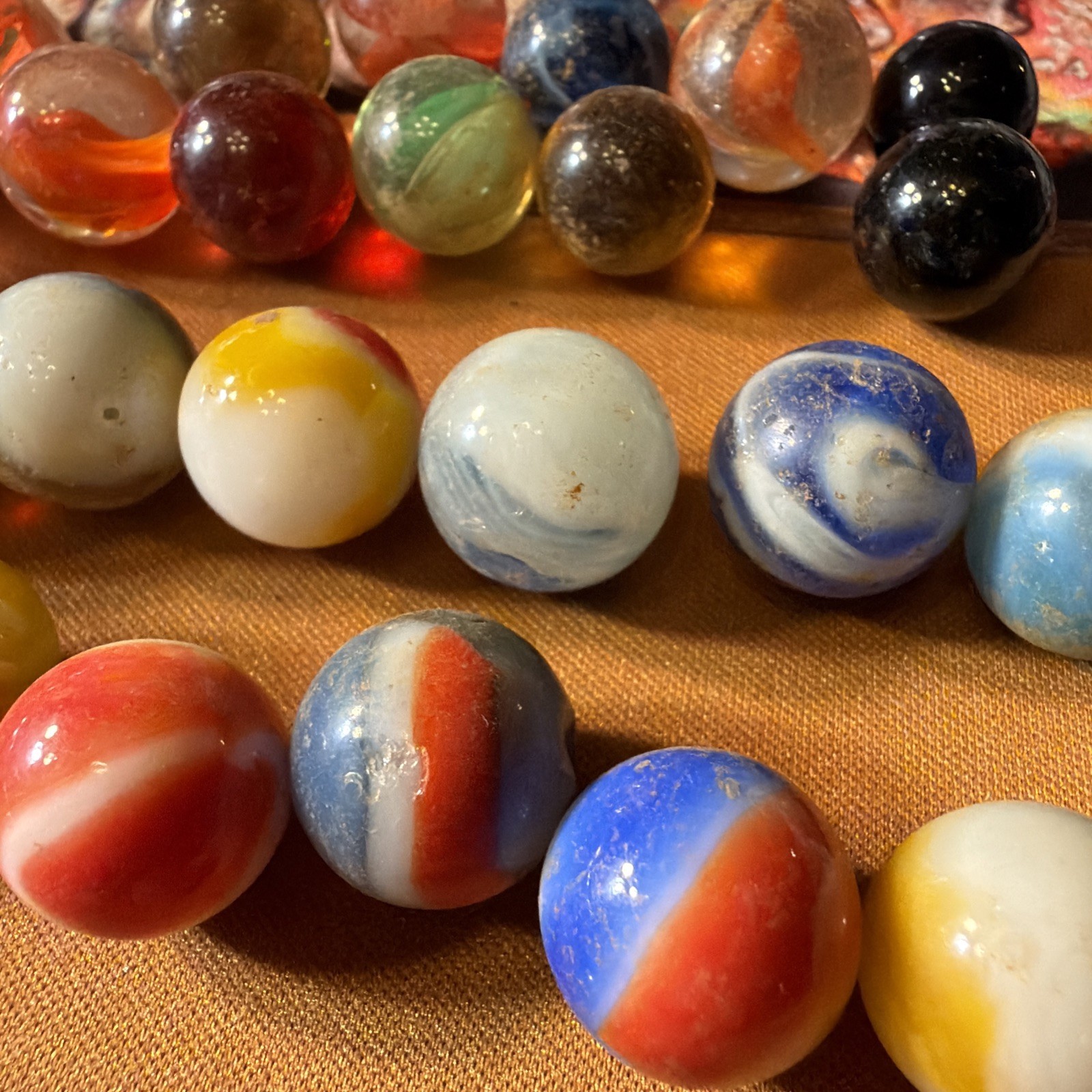 Marble Lot Of 64. Core/banded Swirl, Agate, Glass, Striped, Clay, Ribbon, Solid