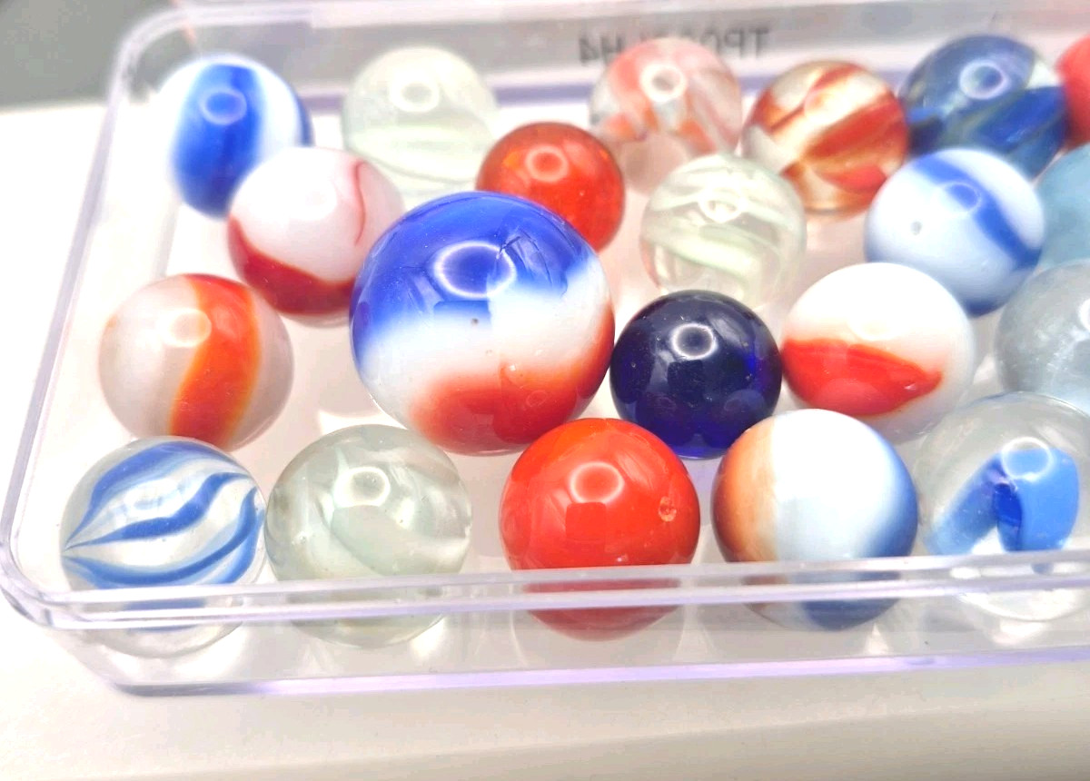 Vintage Assorted Patriot Red White Blue Glass Marbles Shooter Target Size 32pc.