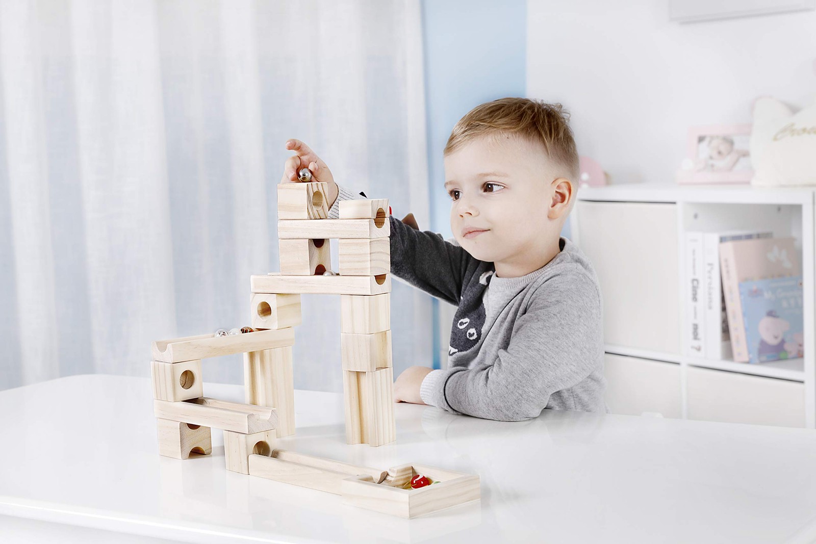 Golden Age Marble Run Toys, 60 Pieces Wooden Classic Ramps 60, Light Brown