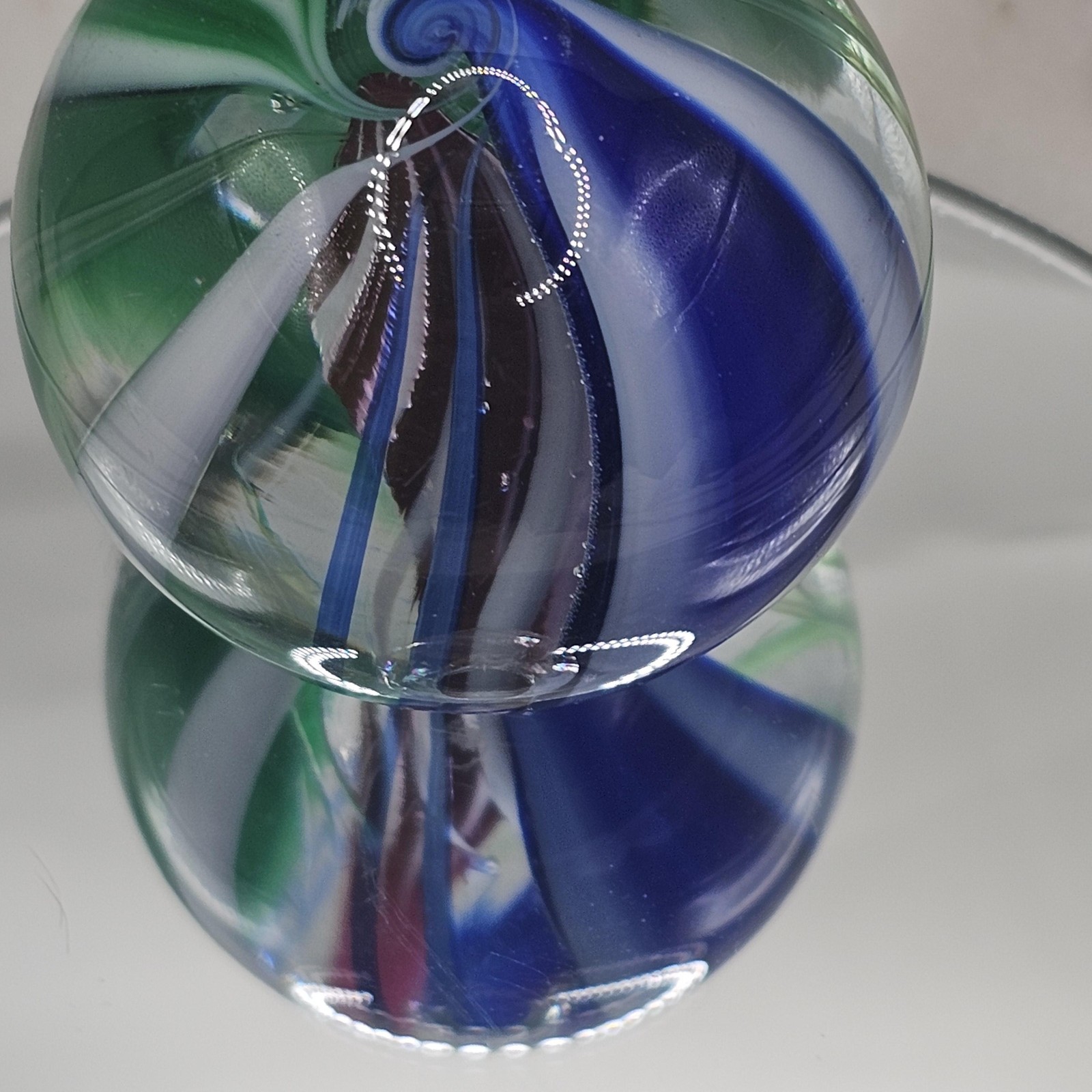 Hand Blown Art Glass Paperweight 47 mm Swirl Sphere Blue Green White Marble Orb