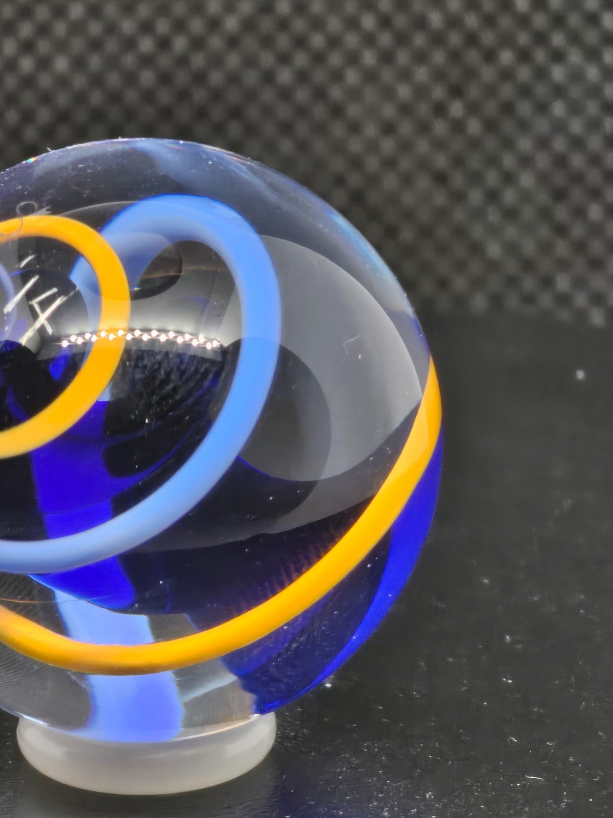 HANDMADE ART Marble 1.126″ Signed “DS 14” Swirl Design Cobalt Orange Blue MAKER?