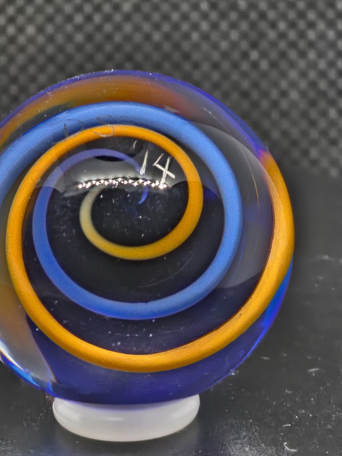 HANDMADE ART Marble 1.126″ Signed “DS 14” Swirl Design Cobalt Orange Blue MAKER?