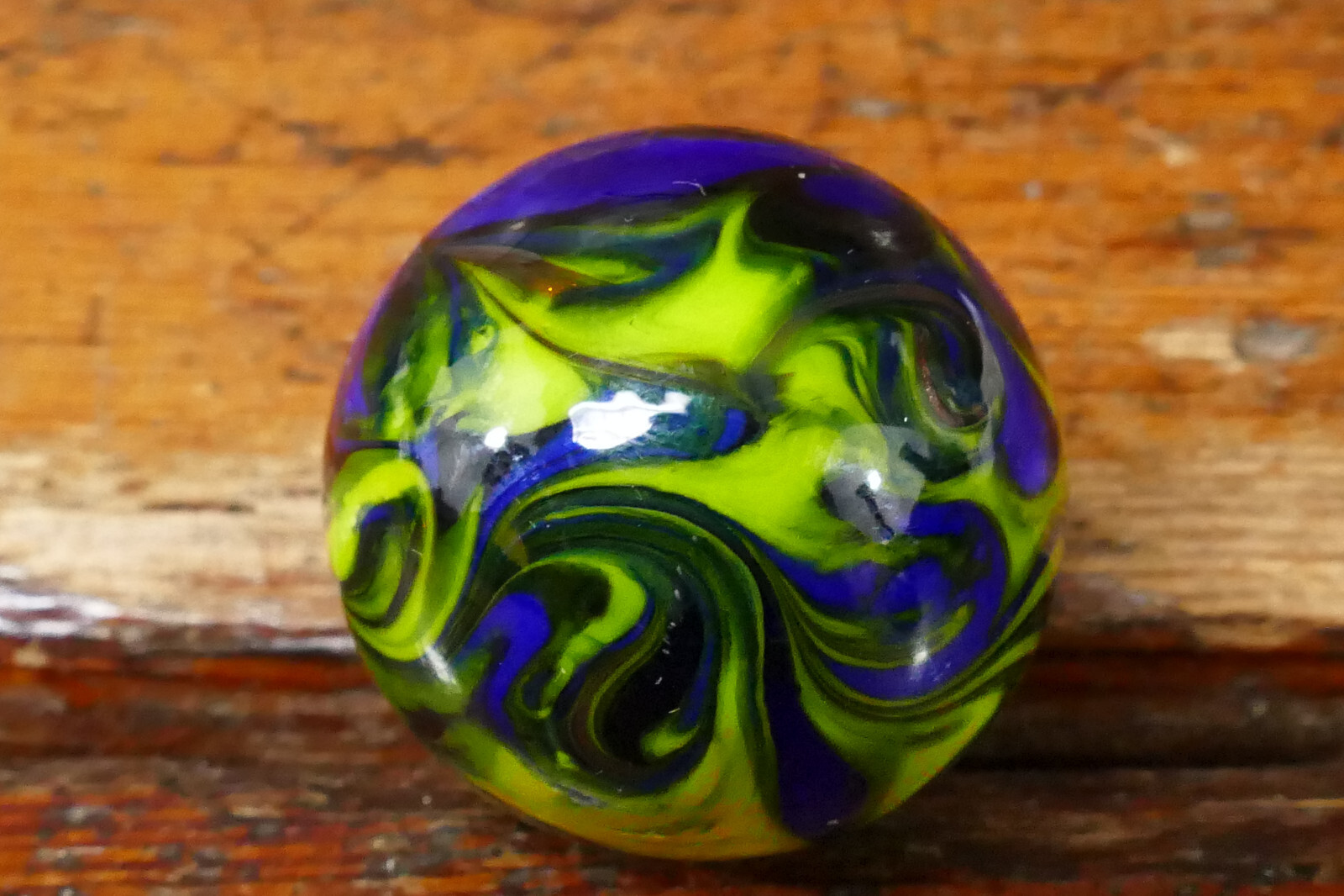Vintage Hand Blown Art Glass Marble Blue Yellow & Green Swirl – 1 3/16” Diameter