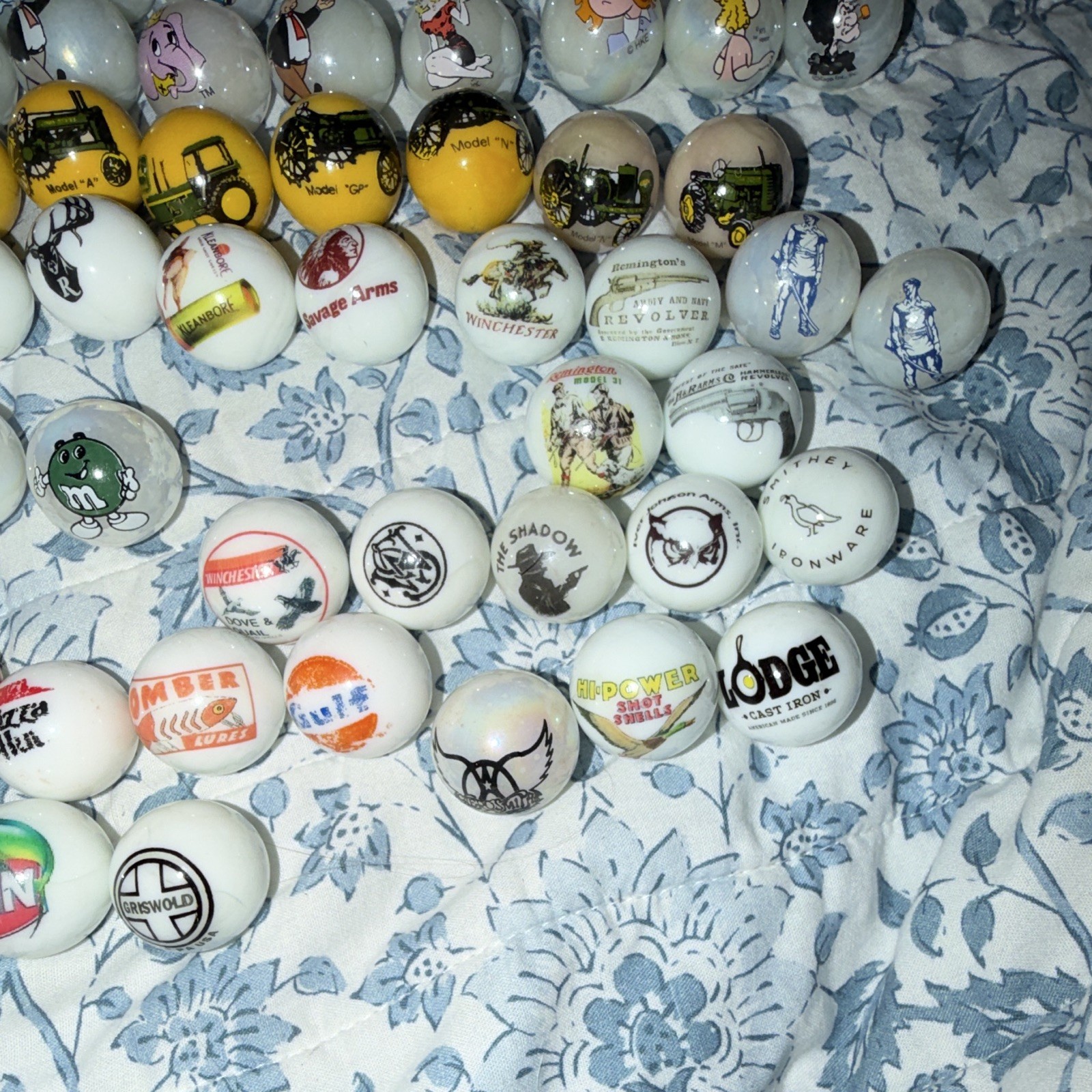Lot of Logo Printed Glass Toy Marbles, Cartoon & Advertising Designs, Lot of 74