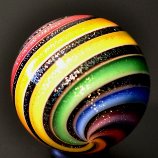 HOT HOUSE GLASS MARBLE/1.480″-RAINBOW & BLACK DICHROIC-YELLOW,LIME,BLUE,RED+