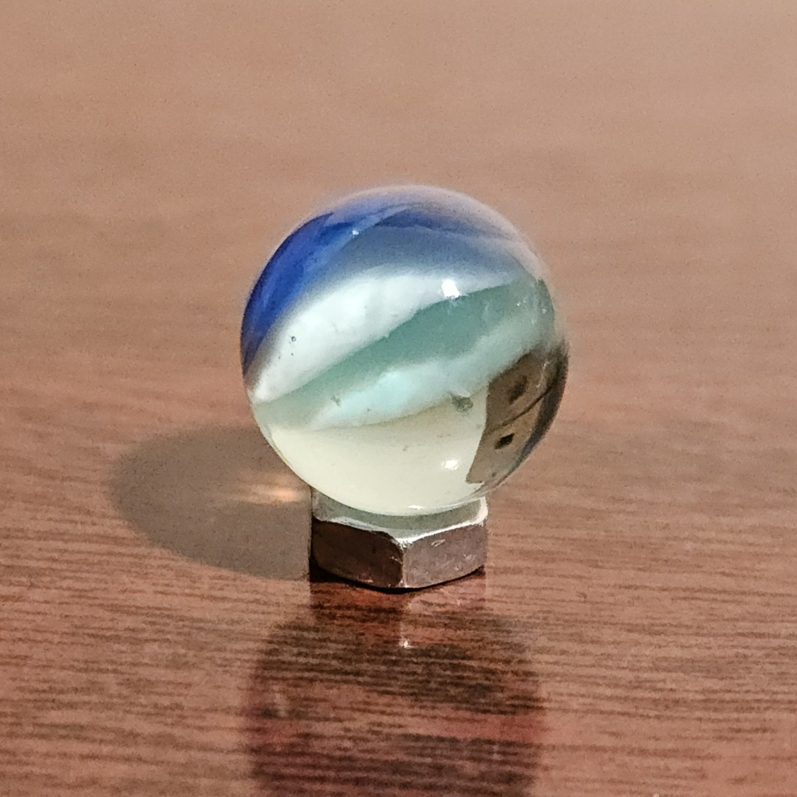 Vintage Dark Blue Light Blue Thru-White 6-Vein Cats Eye .592″ Glass Marble