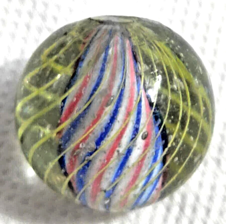 OLD 2 TOY MARBLES multi colored solid core caged 1 tri level ,2 blue base glass