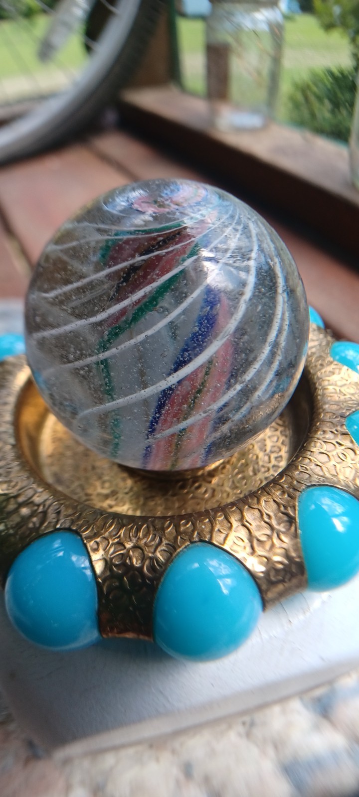 1.66″ Antique German “HM” swirl divided core marble, silver wedding band/Fisher.