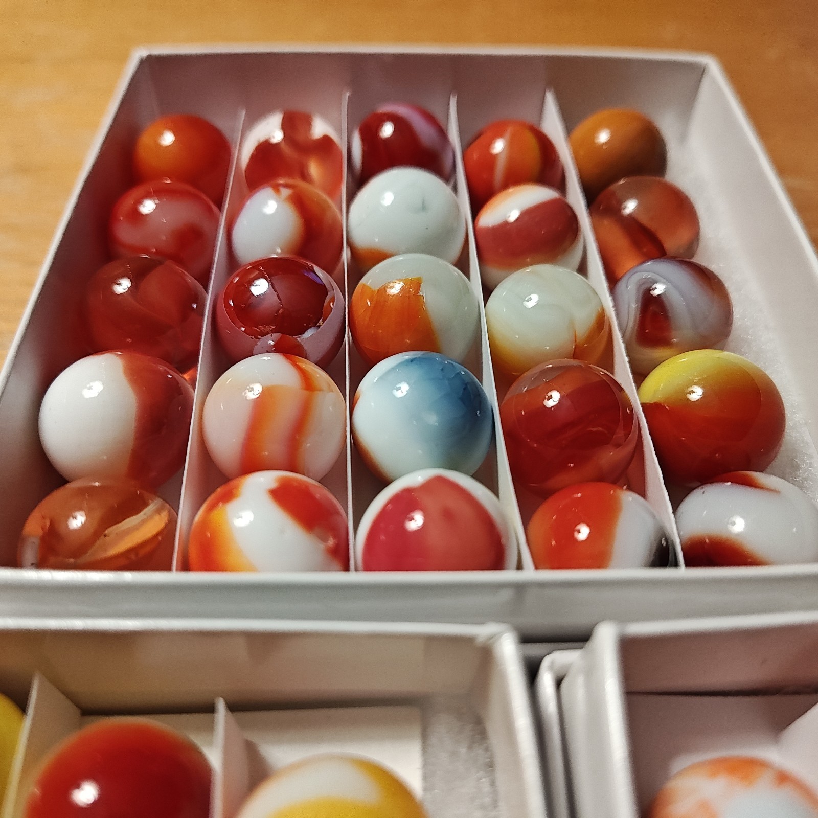 75 Vintage Swirl Glass Marbles 5/8″ – Orange, Yellow and White – W/ Boxes
