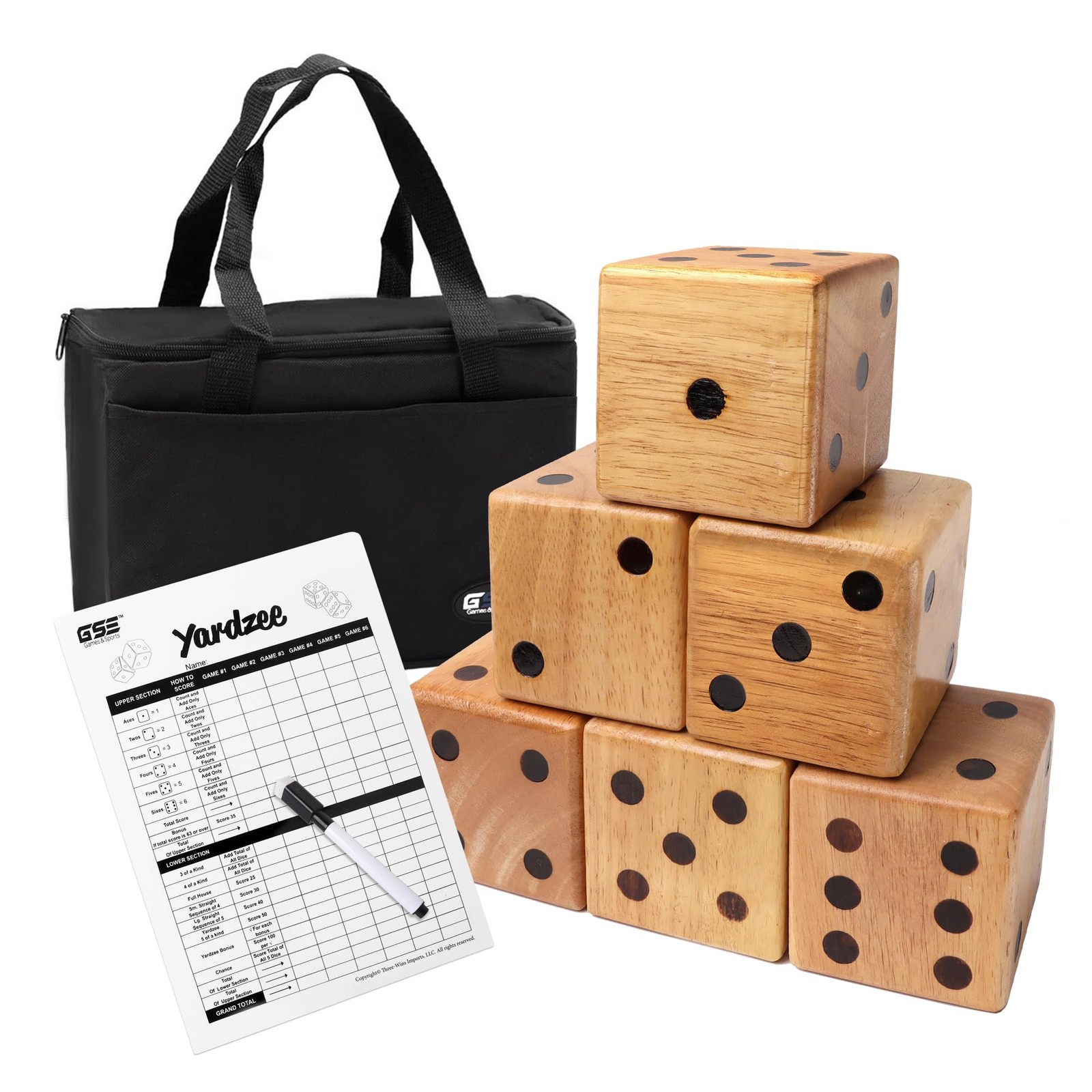 3.5-Inch Premium Oak Giant Yard Dice Set with Carrying Bag and Yardzee & Fark…