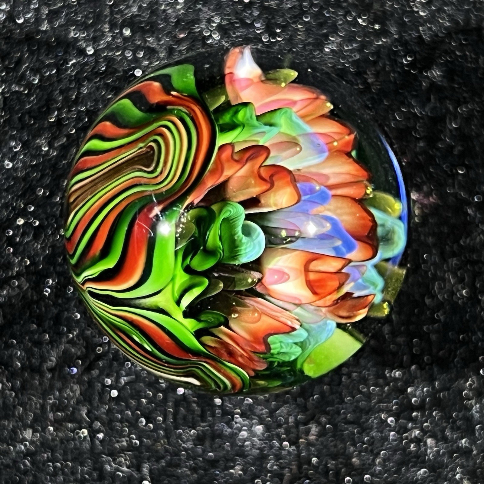1 1/8” Mad Man Marbles Multi Christmas Color Reverse Twist Marble Signed MMM 11
