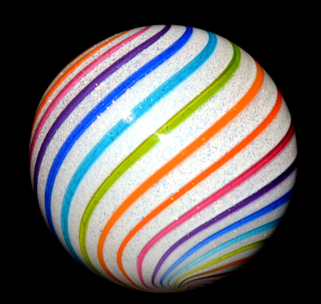 HOT HOUSE GLASS MARBLE/1.536″-WHITE DICHROIC SNOWBALL W/RAINBOW-APRICOT,TURQ.