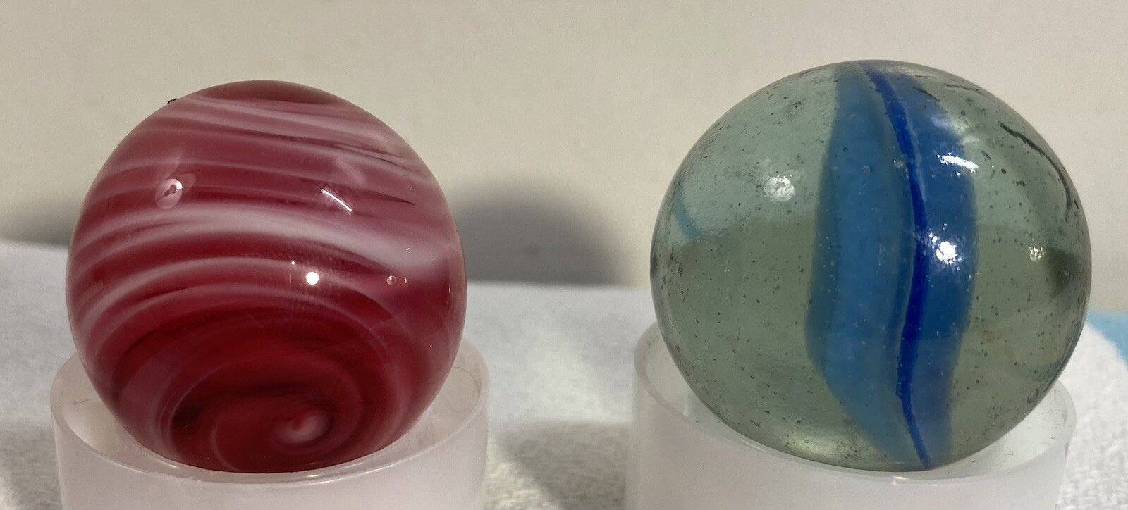Shooter Glass Marbles (2) Blue Swirl. and Pink and White Swirl