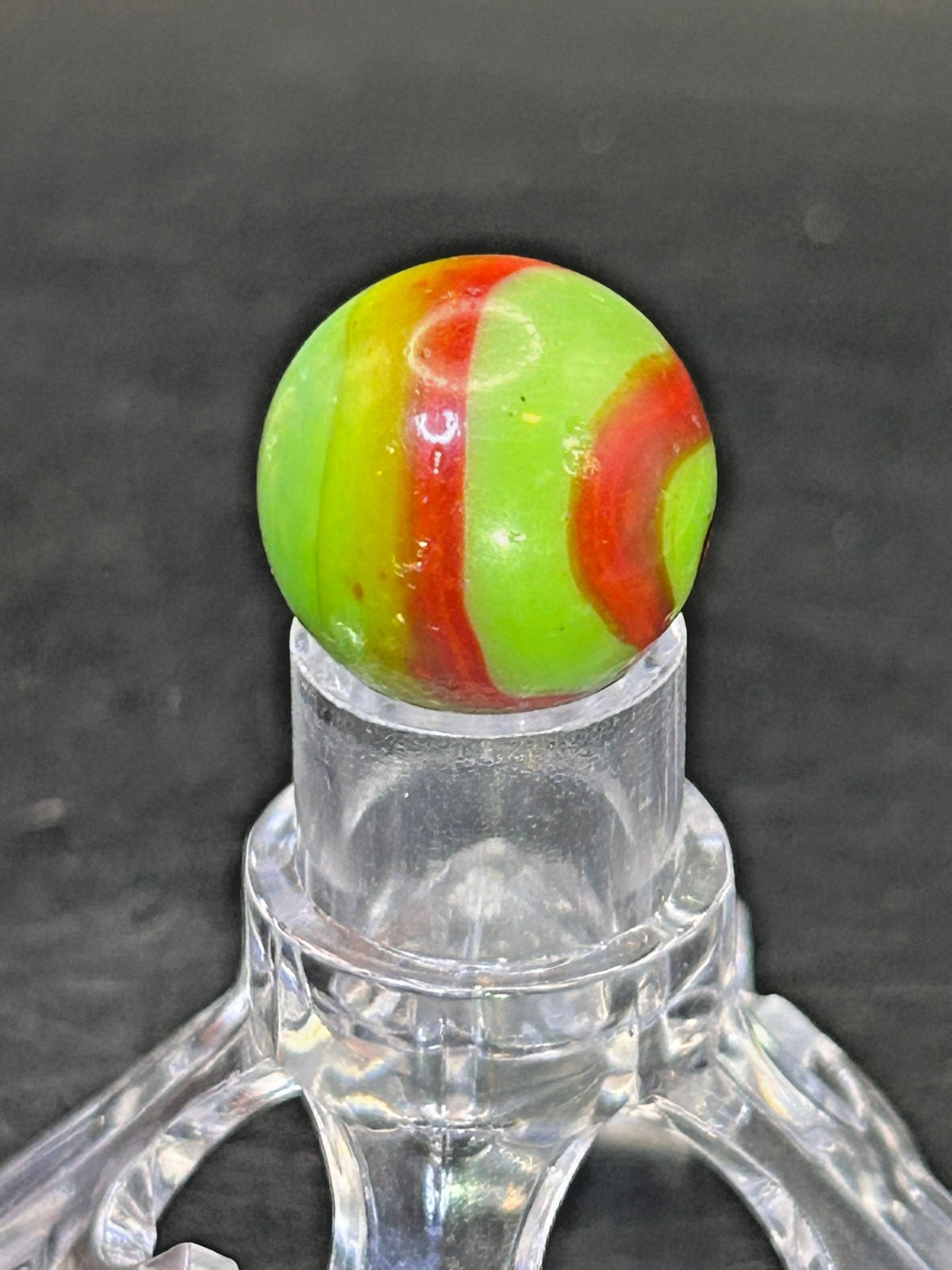Vintage Peltier NLR Flaming Dragon Marble, Green Base/Red Ribbons, .67″, NM+ #P4
