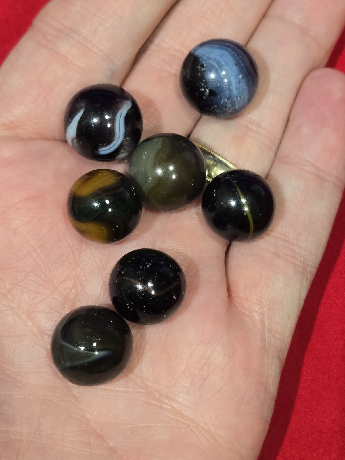 9 Glass Swirl Marbles + 1 Lg Shooter Ball Iridescent Oil Slick Vtg Toy Lot