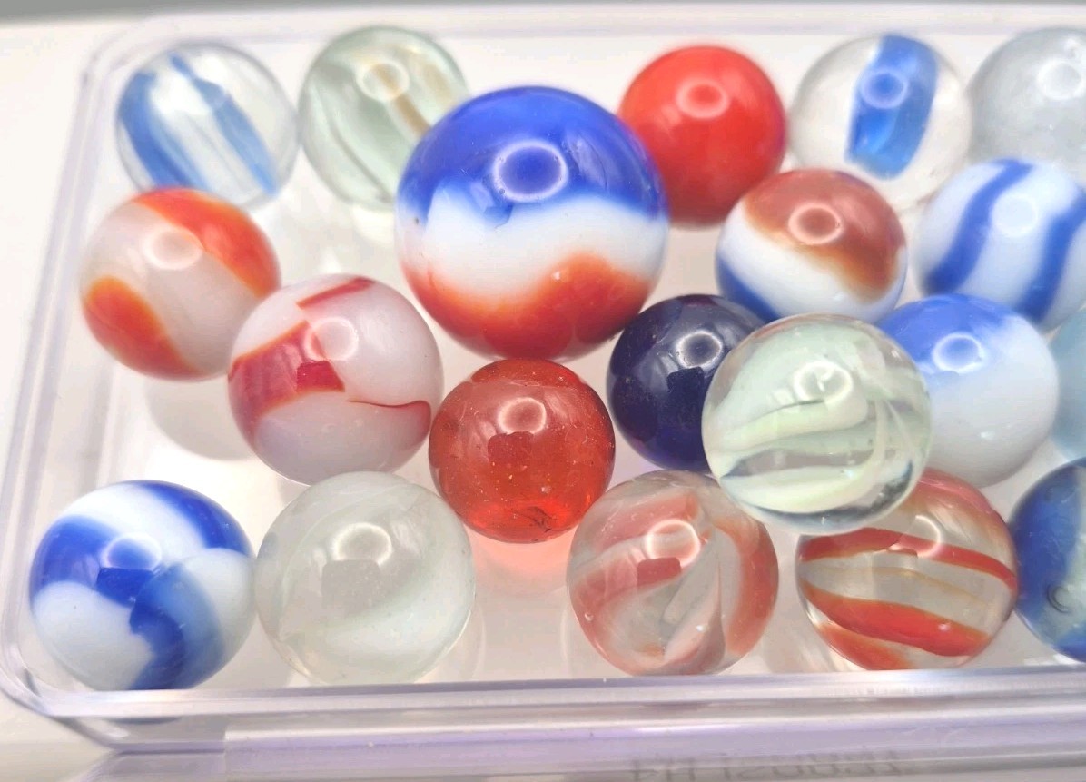 Vintage Assorted Patriot Red White Blue Glass Marbles Shooter Target Size 32pc.