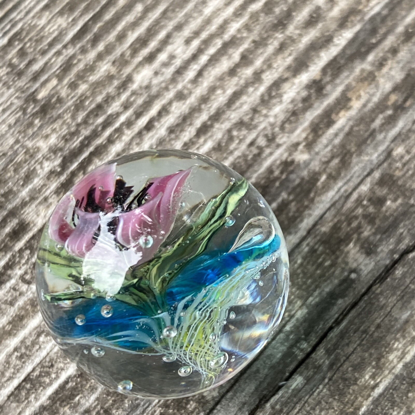 Pink Tiny Full Bloom Floral Murrini Handmade Glass Marble With Tiny Bee