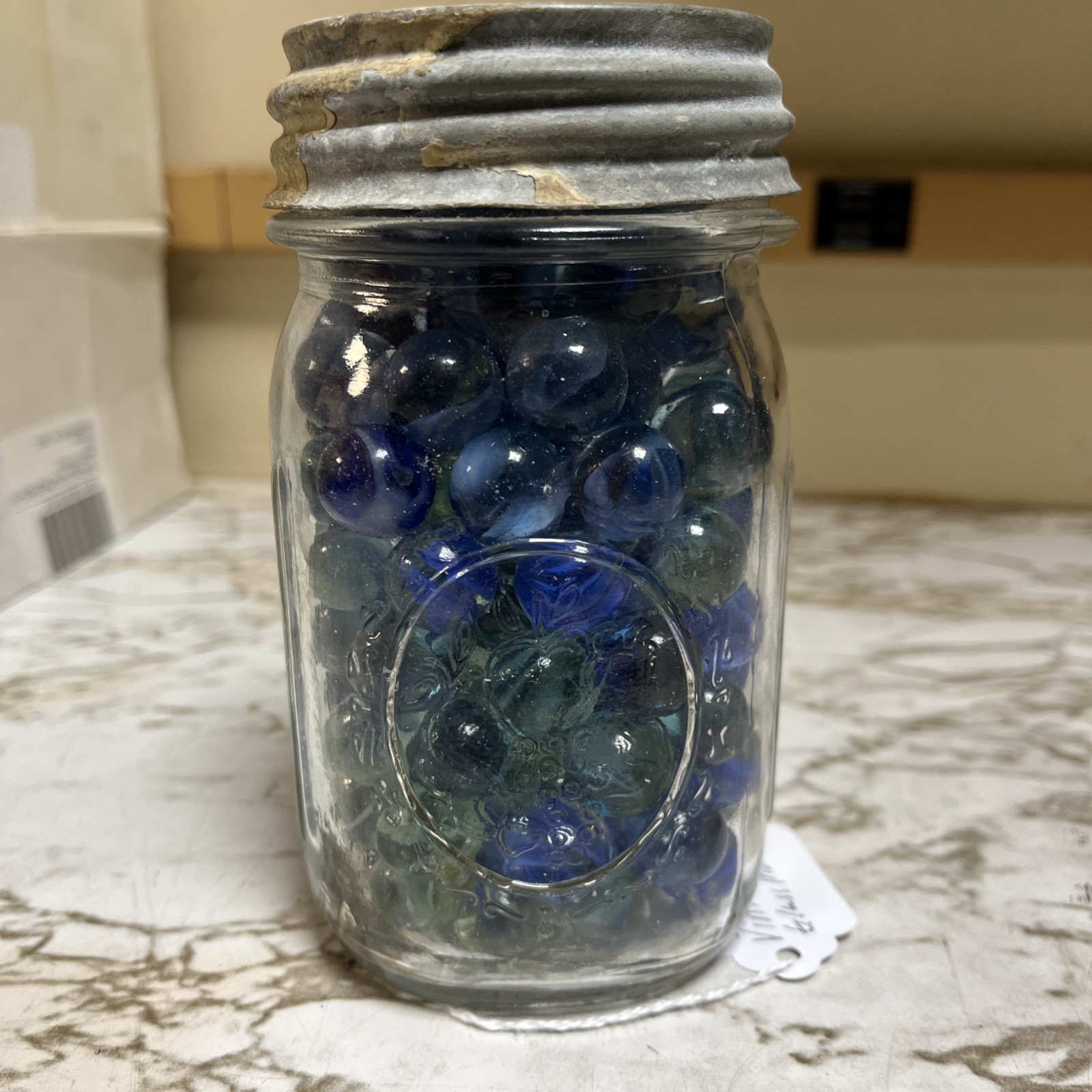 Jar Of Vintage Blue Glass Marbles