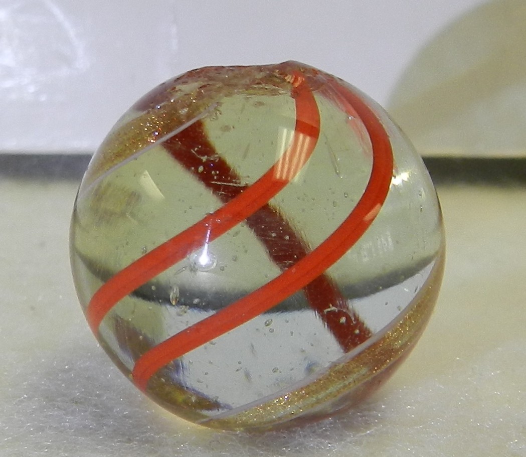 #19832m Large .87 Inches Vintage German Handmade Clear Glass Banded Lutz Marble