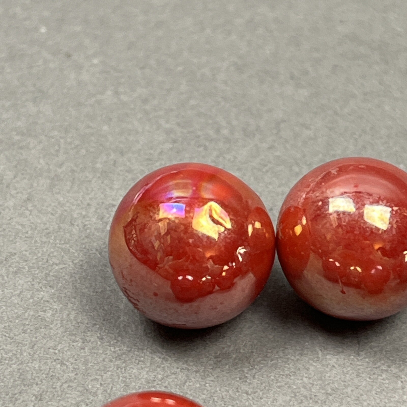 Vintage Lot – (9) Glass Marbles Opaque Orange / Red Fire Iridescent Swirl – 1/2”