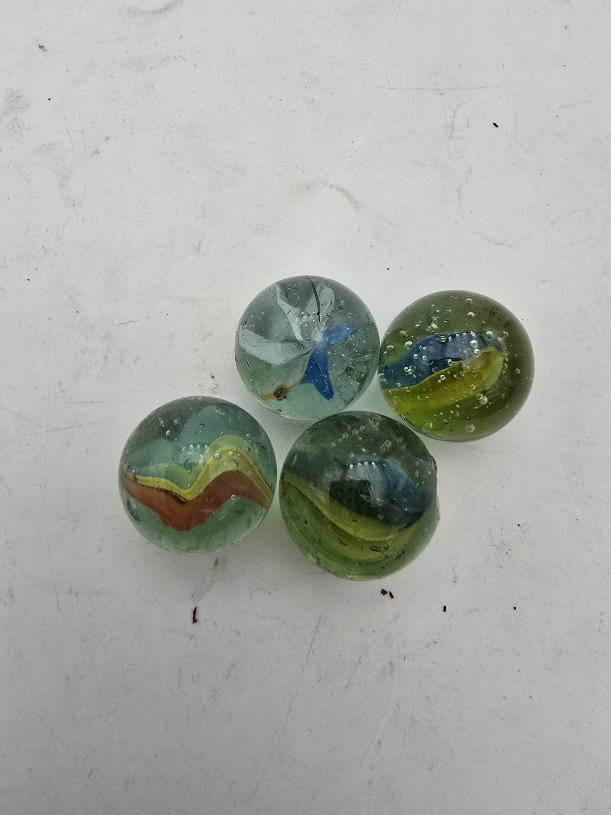 Vintage Estate Large 6 Vein Tri Color In Aqua Glass Shooter 1” Lot Of 4