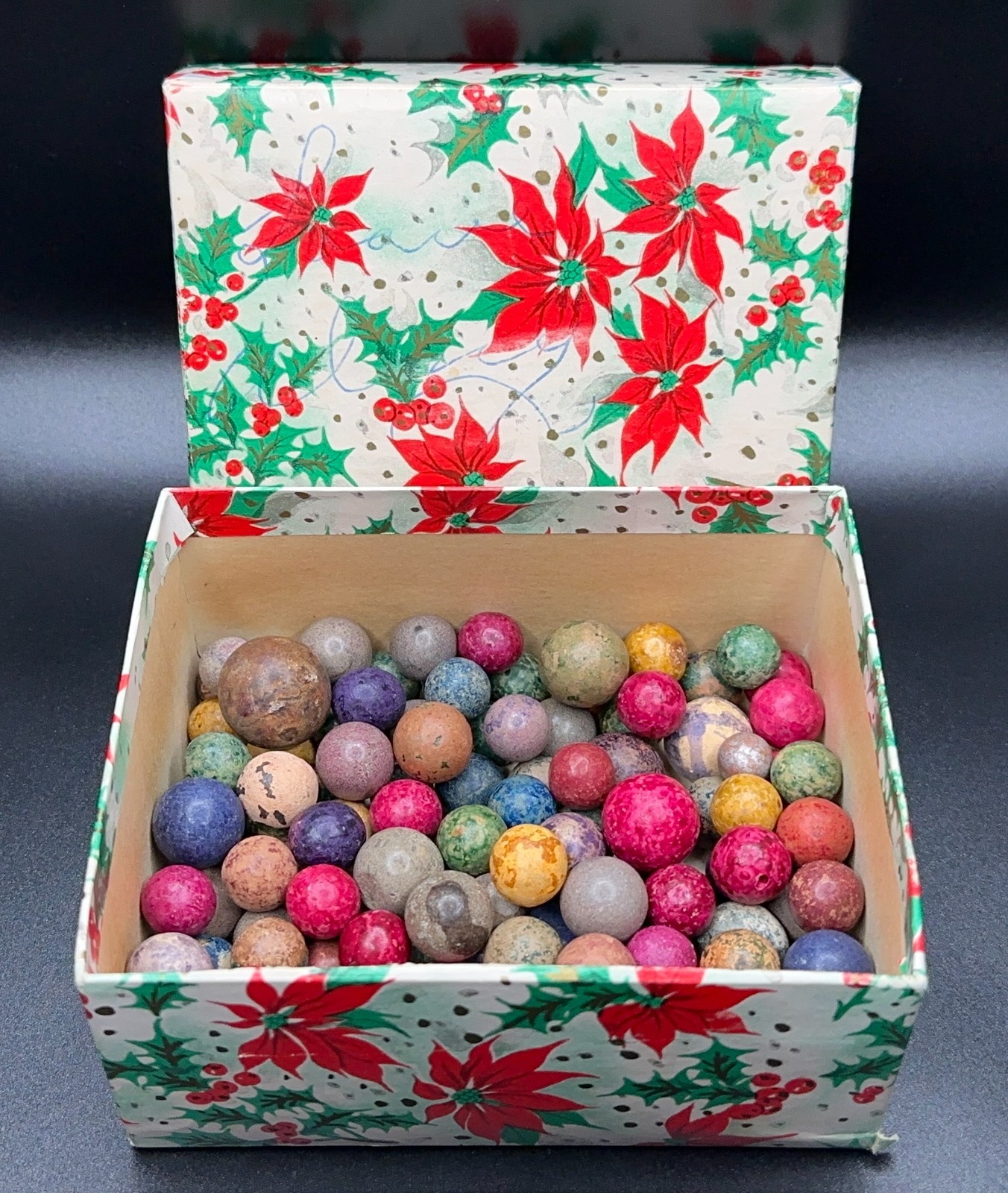 (125) KILLER Antique Vintage COLORFUL CLAY MARBLES Multi-Color Lot w/Old BOX!