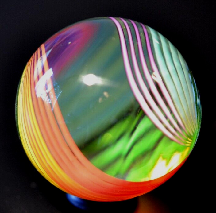 JOHN GIBBONS GLASS MARBLE/1.650″-24 RIBBON RAINBOW SWIRL-CRIMSON,GR. LUTZ,TURQ +