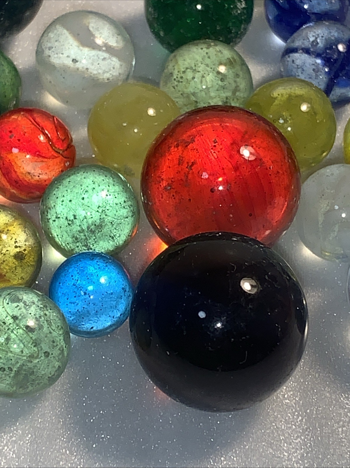 70+ Red Blue Green Yellow Iridescent Shiny Marbles w/ 7 Large & 10 Medium
