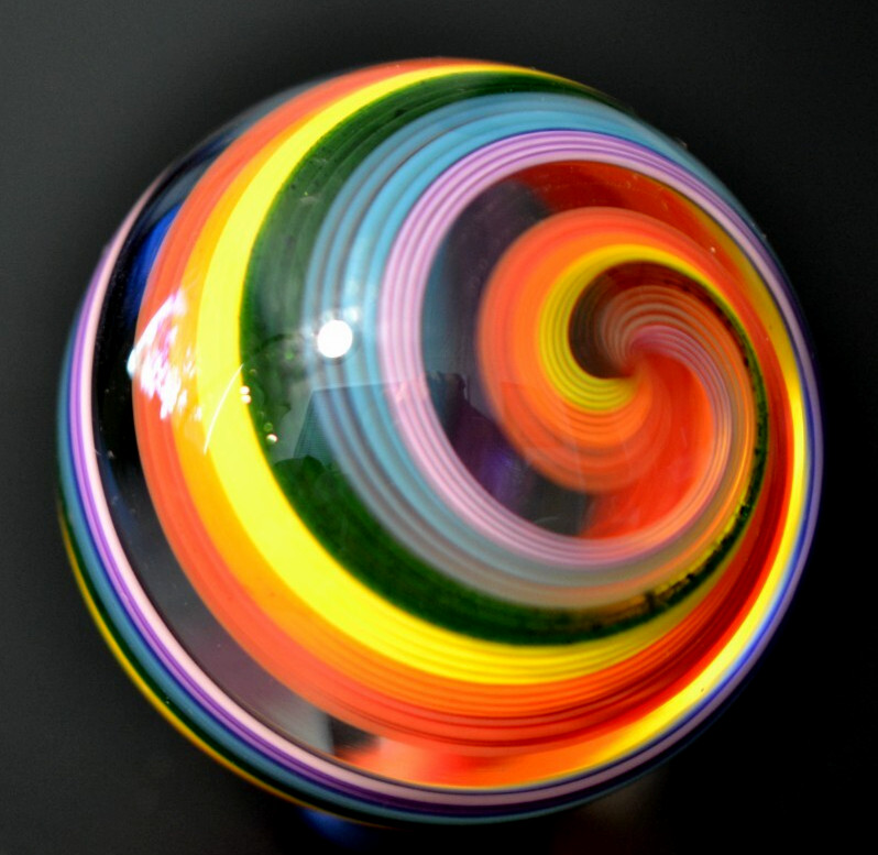 JOHN GIBBONS GLASS MARBLE/1.853″-GREEN LUTZ,RED,ORANGE,MAGENTA,YELLOW,TURQ+