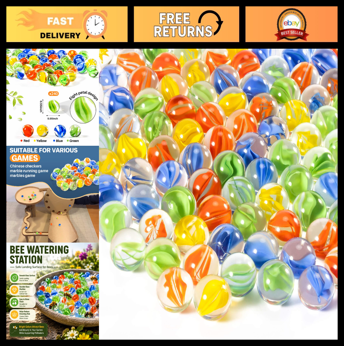 240 Pcs Cat Eye Glass Marbles – Medium Thick Decorative Retro Game, 14mm