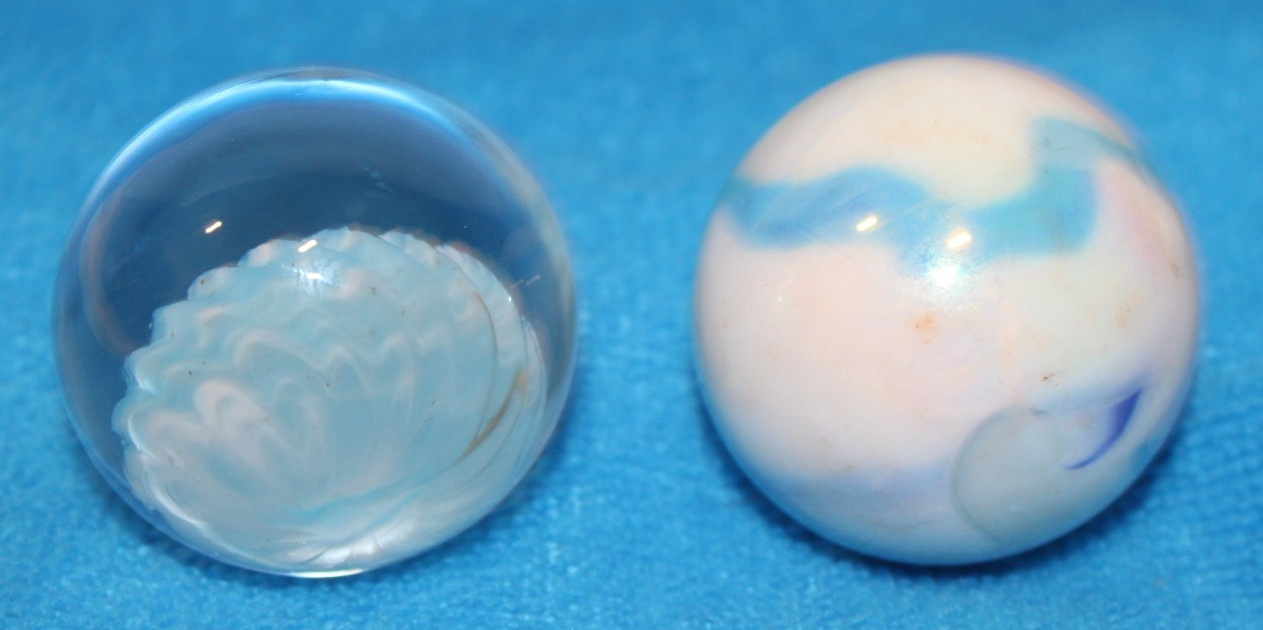 Two Large 2″ (50 mm) Marbles — (Swirling Blue & White Marbles)