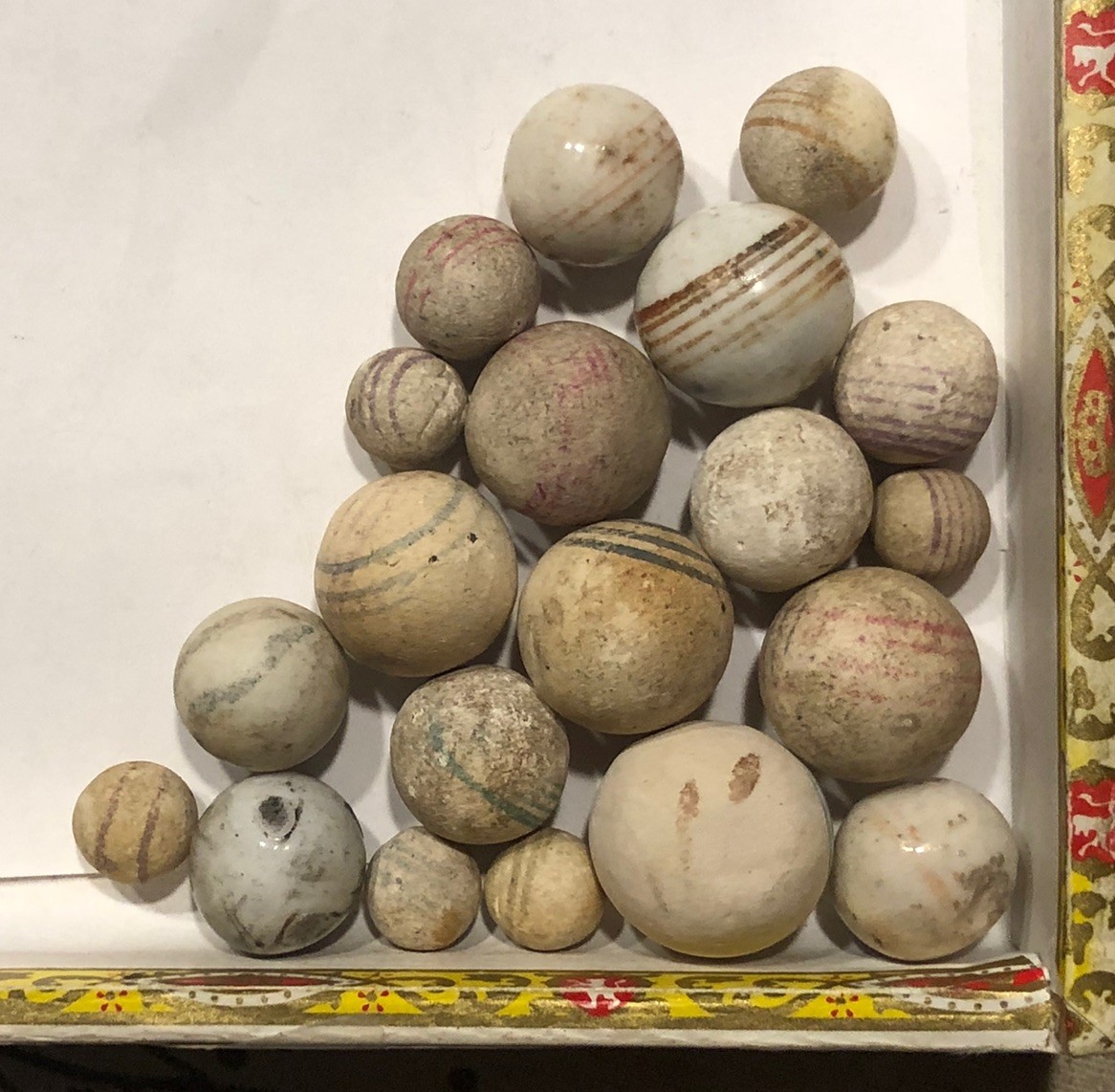 Glazed & Unglazed German china Helix Lined & Decorated Marbles ( 7/16”-7/8”).