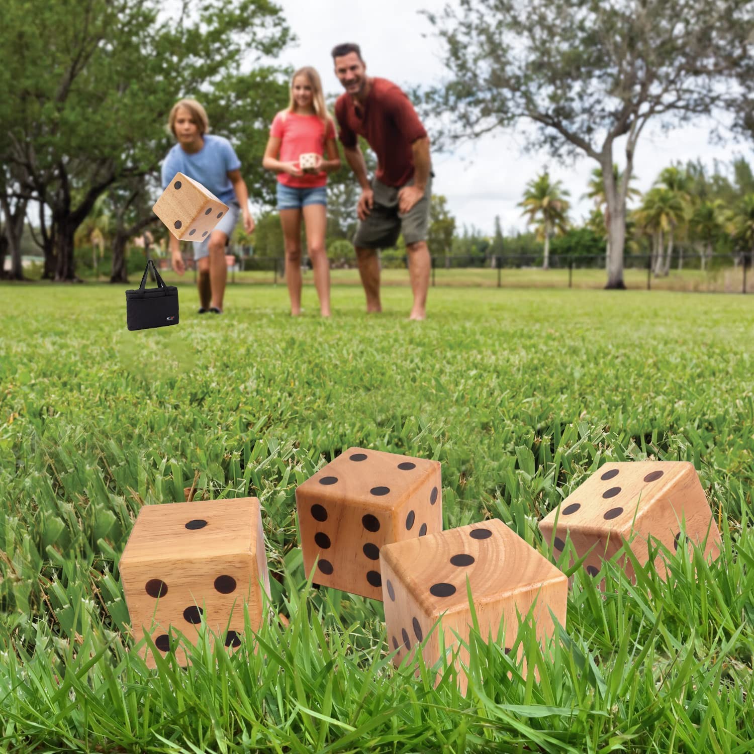 3.5-Inch Premium Oak Giant Yard Dice Set with Carrying Bag and Yardzee & Fark…