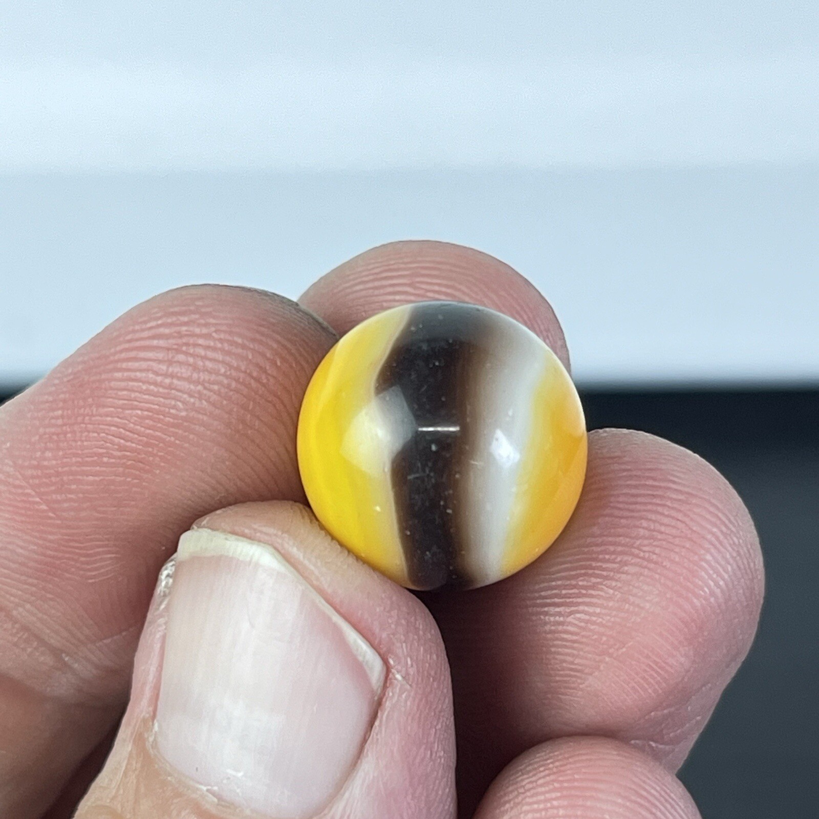 Vintage Akro Agate Peltier Art Swirl Glass Marble .63” Orange Black White