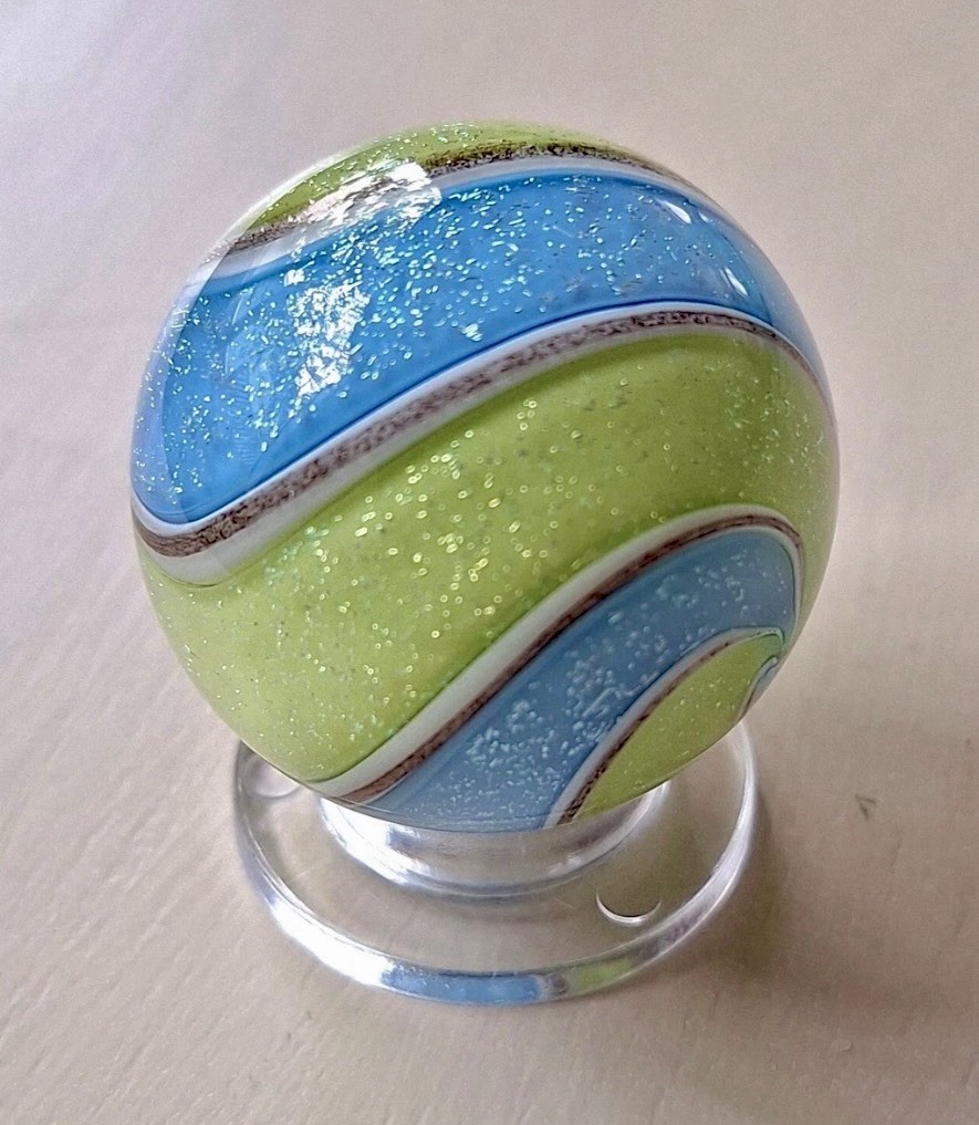 Eddie Seese Contemporary Glass Blue Yellow Band Dichroic Double Twist Marble 3cm