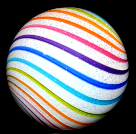 HOT HOUSE GLASS MARBLE/1.618″-ICE WHITE DICHROIC RAINBOW-ROYAL,TURQ,TANGERINE+